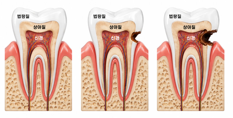 건강한 치아와 충치가 법랑질, 상아질, 신경까지 진행된 과정을 보여주는 일러스트