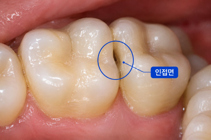 인접면에 충치가 발생한 어금니의 근접 촬영 사진