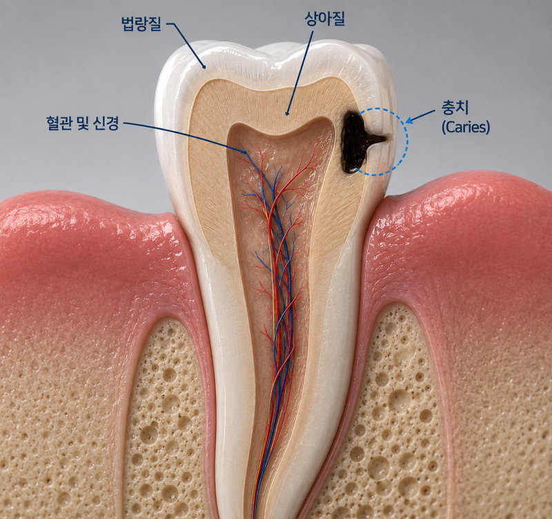 치아의 법랑질, 상아질, 혈관 및 신경, 충치 부위를 표시한 3D 단면 일러스트