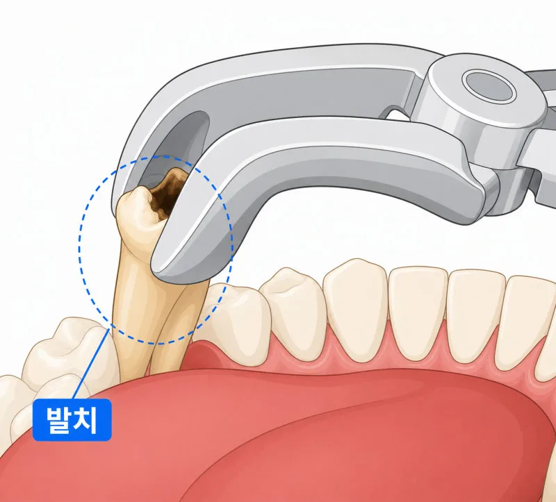 치아 발치 과정을 보여주는 잇몸과 치아 일러스트
