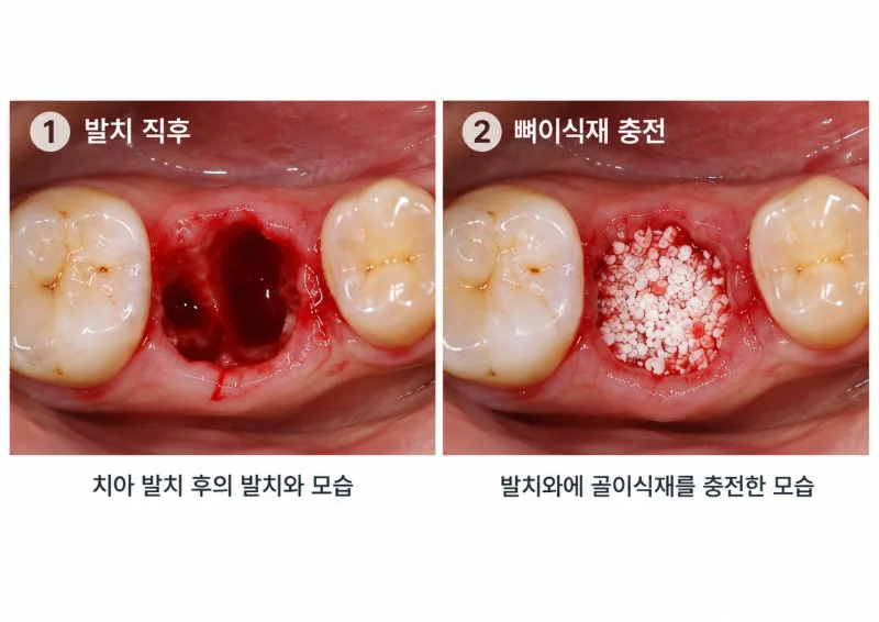 발치 직후의 발치와와 골이식재를 충전한 발치와의 모습