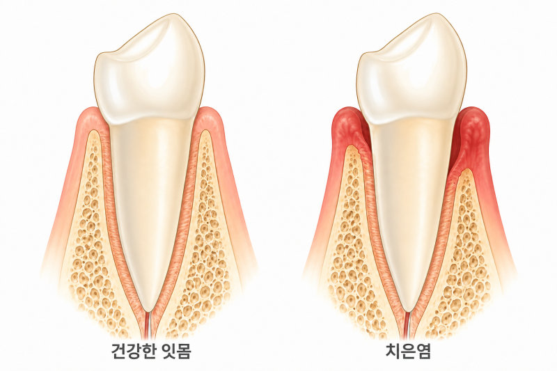 건강한 잇몸과 치은염 잇몸을 비교하는 치아 단면도