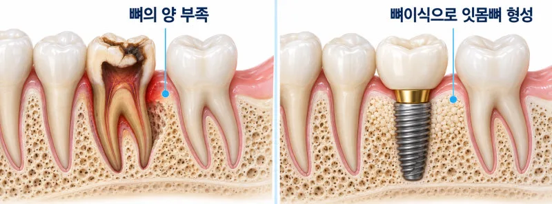 충치로 손상된 치아와 뼈이식 후 임플란트가 식립된 치아를 비교하는 시뮬레이션